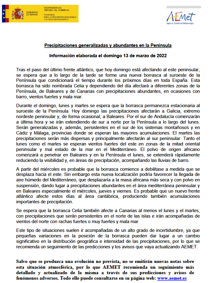 AEMET_Esp's tweet photo. ⚠️Nota informativa actualizada: la #BorrascaCelia trae precipitaciones generalizadas y abundantes a la Península. 
Las lluvias más intensas... 👉
🔵El lunes y martes caerán en el sur, acompañadas de barro.
🔵A partir del miércoles, en el área mediterránea y Baleares. https://t.co/kTjVoSPqkP