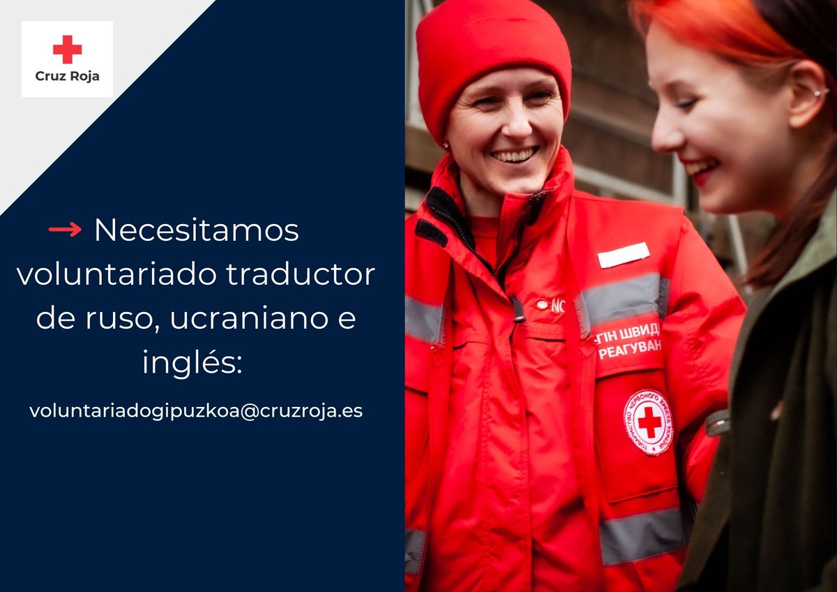 CruzRojaGip's tweet photo. #Ucrania 
📢Desde #CruzRoja te recordamos las formas de colaborar:
➡️Necesitamos voluntariado traductor de ruso, ucraniano e inglés: voluntariadogipuzkoa@cruzroja.es
➡️En estos momentos no recogemos ayuda material, solo donaciones económicas en: https://t.co/NdASscDAMz https://t.co/MS1E8NEt22