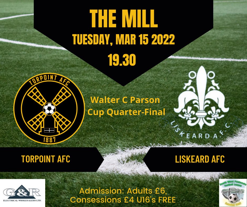 torpointafc's tweet photo. CUP ACTION | We entertain @LiskeardAthlet1 Tuesday night for the Walter C Parson Cup Quarter-Final.

Should be a cracker under the lights at The Mill. 

#weatherpermiting #goldandblack #upthepoint #cornishfootball https://t.co/dxEXJtm2UL