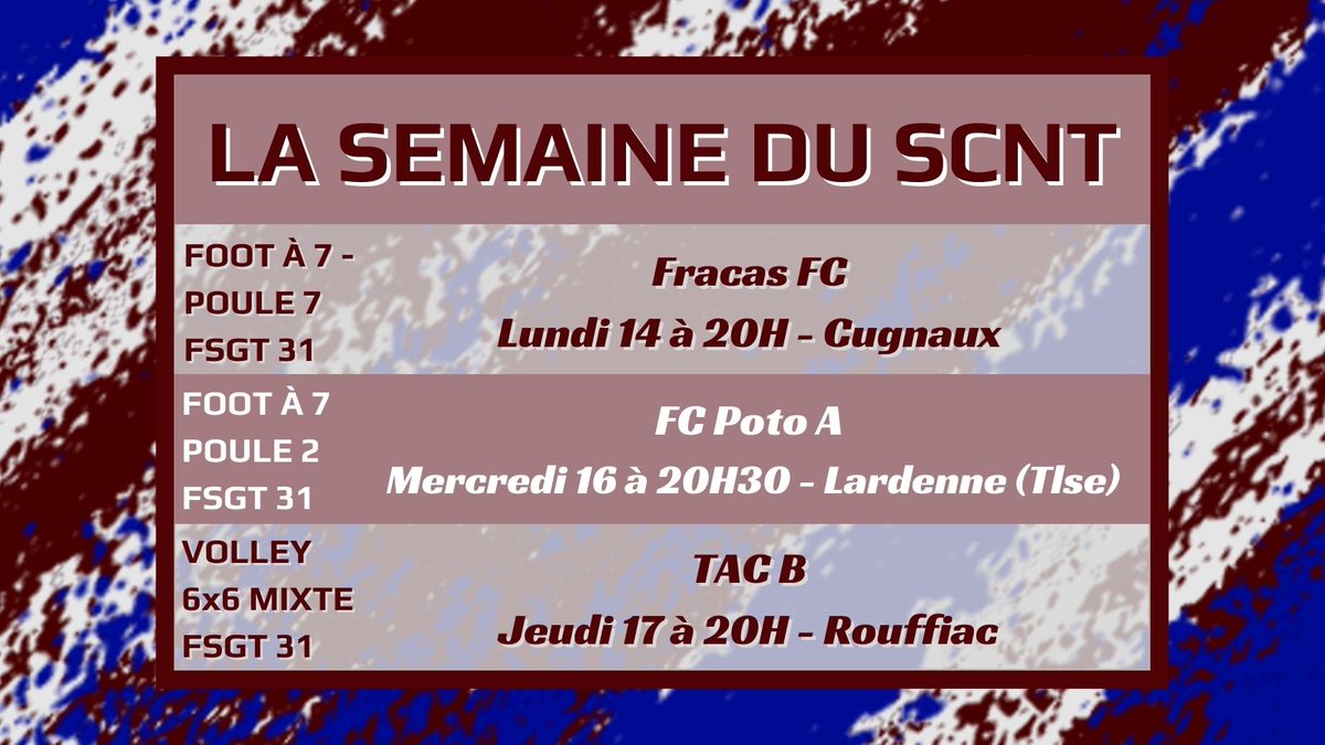 SCNT31's tweet photo. 🏆 Le programme de la semaine #FSGT 31 du Sporting Club Nord Toulousain⚽🏐

#Foota7 #volley 
@FSGTofficiel

#RouffiacTolosan #Cugnaux https://t.co/cGpCqUt2aF