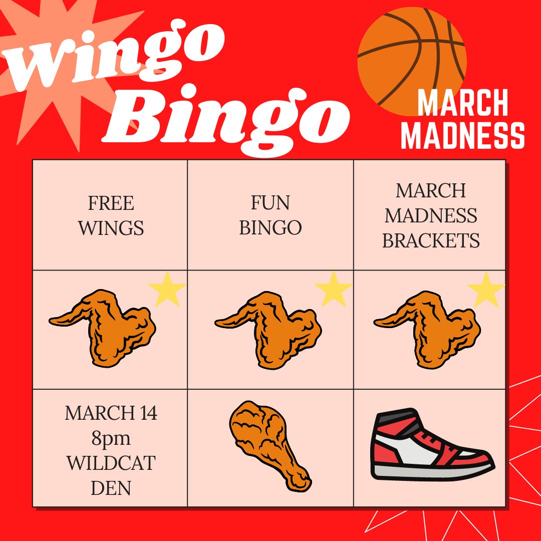 jwuCLTinvolved's tweet photo. Who's ready for some wingo bingo?! We'll also be hosting a March Madness bracket tournament; predict the winning bracket for a chance to win a TV! https://t.co/FrVDbsGYA8
