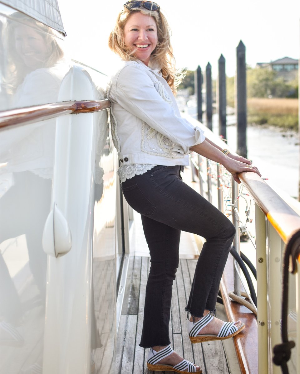 A simple olive &amp; white stripe in our Peachtree sandal. Pair with jeans or a cute dress this spring! #charlestonshoeco