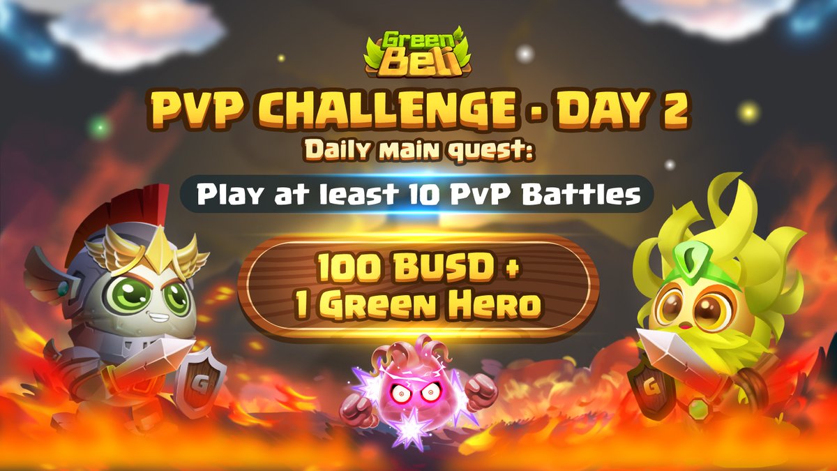 PVP CHALLENGE - DAY 2

🎁 1 LUCKY GREENBIE: 100 BUSD + 1 GH
⏰Ends in 24h
Quests:
1. Play 10 PvP battles
2. RT this post
3. Cmt:
- Screenshot of your leaderboard
- Tag 3 big Endorsers (KOLs) with hashtags #GRBE #GreenBeliPvPChallenge #GreenBeli

Read more: medium.com/@greenbeli/gre…