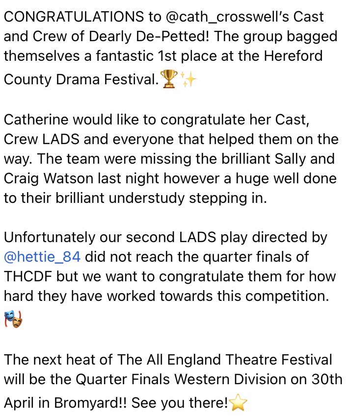 Market_Theatre's tweet photo. Congratulations to @cathcrosswell and her cast and crew of Dearly De-Petted, making their way swiftly into the Quarter Finals of the Hereford County Drama Festival!🏆✨

#HCDF #HerefordCountyDramaFestival #LADS #TheMarketTheatreLedbury https://t.co/5j1P1JqQ3q