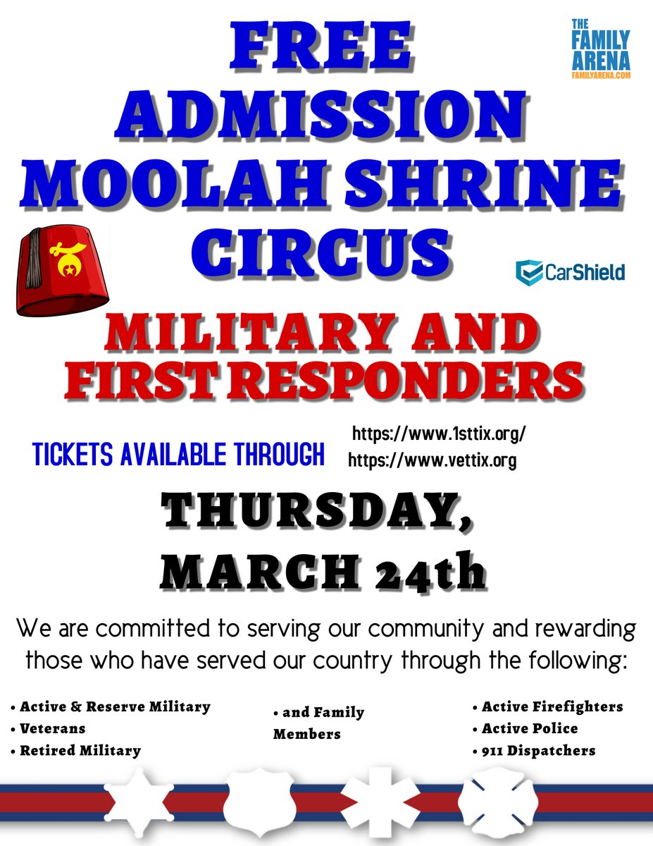 moolahcircus's tweet photo. 1st Tix provides tickets to currently serving and retired law enforcement officers, firefighters, EMTs, nurses and 911 Dispatchers.
https://t.co/37rBnRFg4c
Moolah Shrine Circus! 
Join the fun and excitement. 
#clowns #familyfun #Veterans
#firstresponders #military https://t.co/ezLRdTiBeO