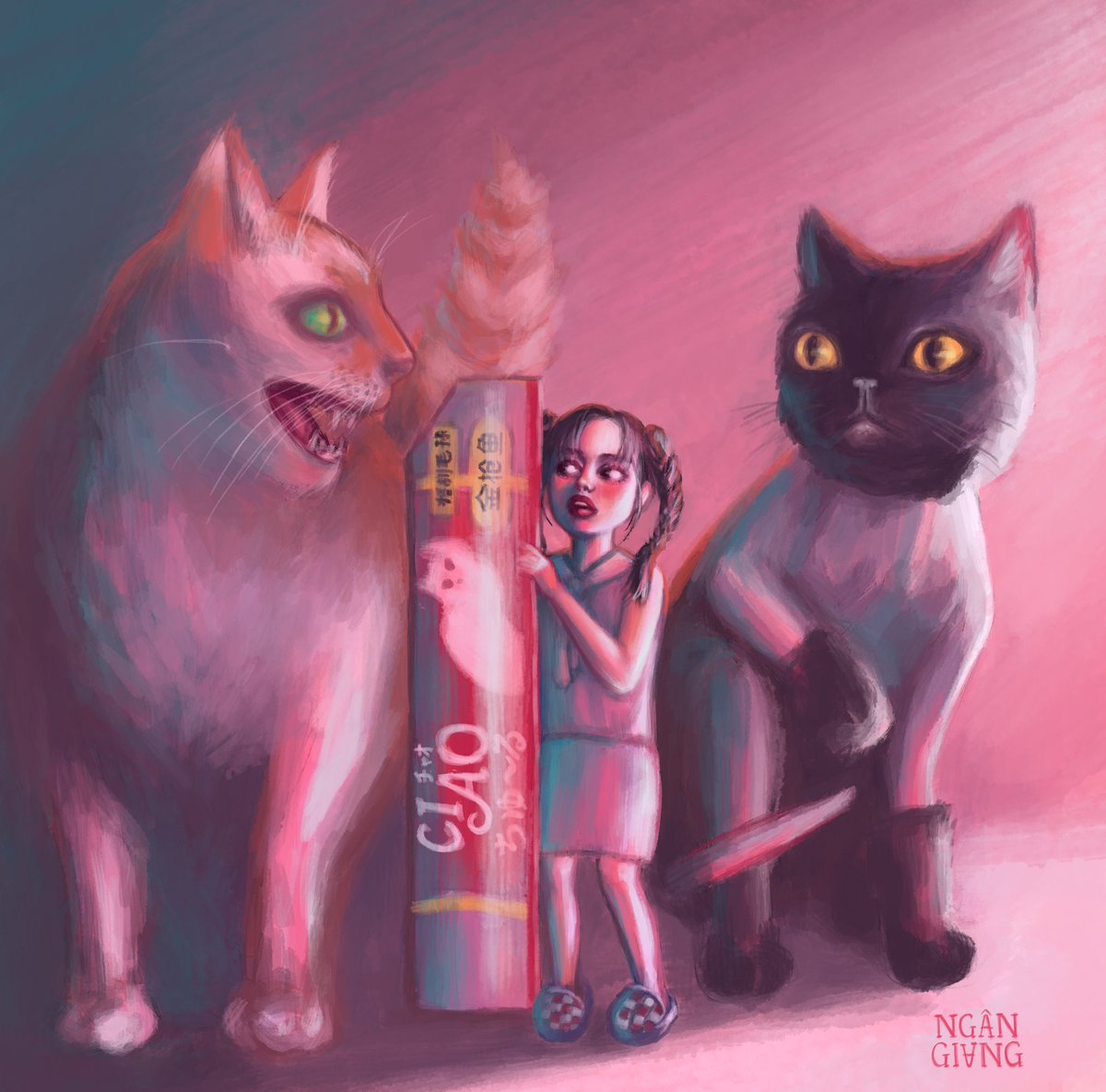 ngangivng's tweet photo. Big Kitty isn’t pleased that Moon is invading his territory. Little Dieu Anh to the rescue with her cat treat!

A funny digital illustration for my sister’s birthday, featuring our 2 kitties who have crossed the rainbow bridge but will forever inspire me 🌈 https://t.co/eyJrACcpMj