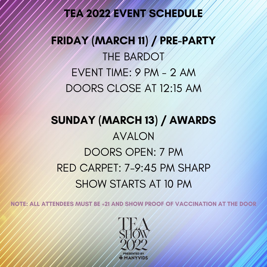 TGEroticaAwards's tweet photo. TONIGHT! The 2022 TEAs presented by @ManyVids are tonight at @AvalonHollywood. 

Doors open at 7pm
Red Carpet is 7-9:45pm sharp with our Official Red Carpet Host, @NATASSIADREAMSX!  

Show starts at 10pm with musical guest @AlissahMusic &amp; Mistress of Ceremonies @DominoPresley! https://t.co/sqKlhtsZta