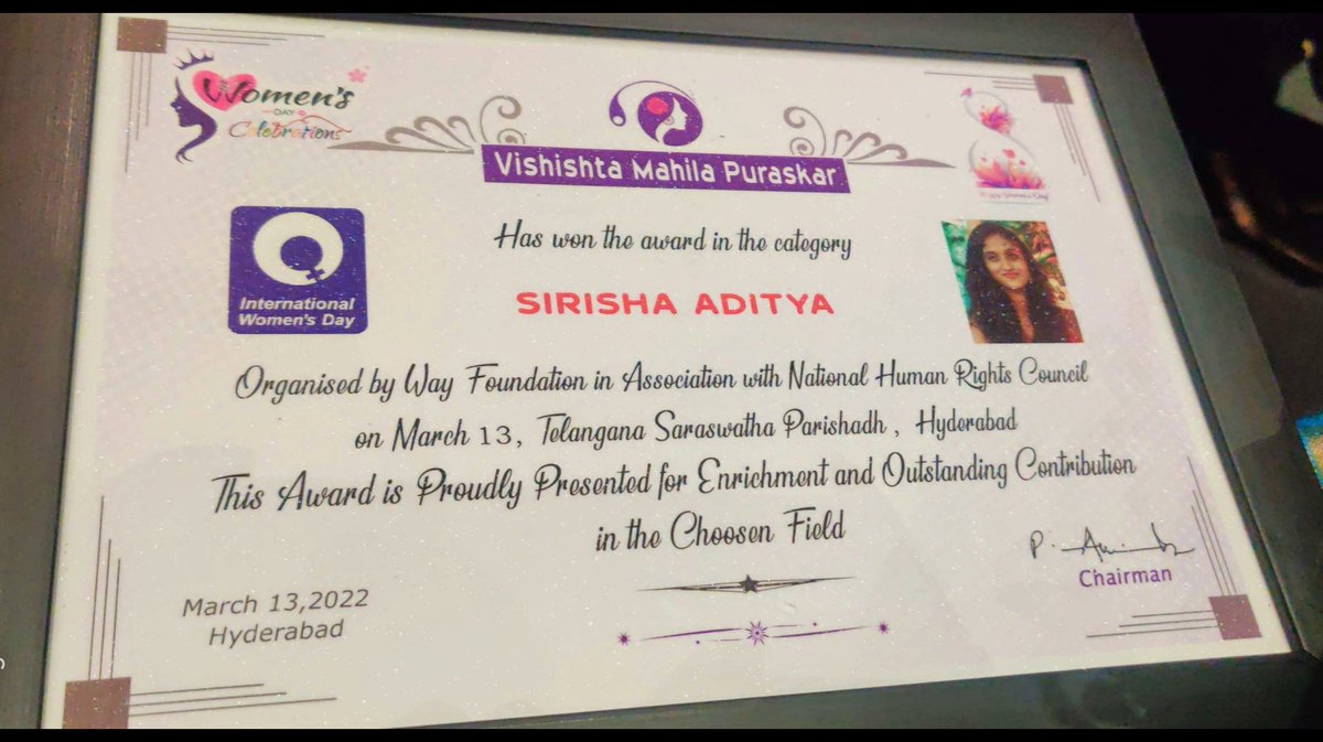 NorthHyderabad's tweet photo. #TeamNHDF proudly share that #NHDF President Smt @sirisha_aditya Garu has being awarded "Vishishta Mahila Puraskar" as part of #WomensDay2022 #IWD2022 celebrations by Way Foundation in association with National Human Rights Council.

Congratulations 💐 https://t.co/44EtvqINwM