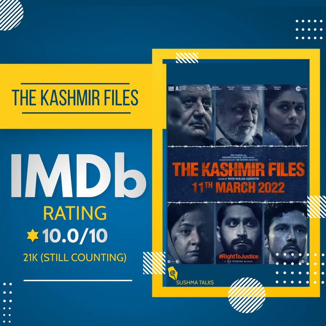 harshnetwork's tweet image. #TheKashmirFiles
Glad to see THE KASHMIR FILE flim gets 10 IMBD rating ❤️
#IMDb
#Kashmir_Files
#KashmiriPandits
#TheKashmirFilesmovie
#Bollywood