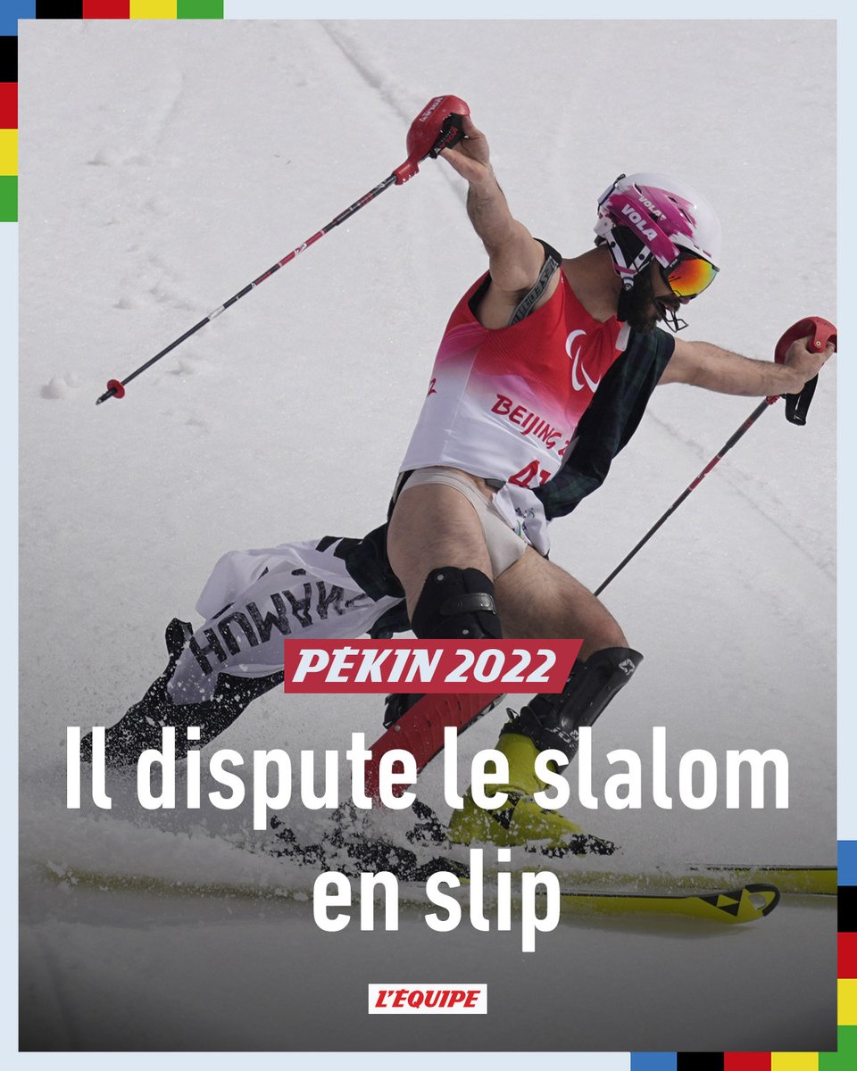 lequipe's tweet photo. Le Français Manoël Bourdenx a décidé de disputer la deuxiÚme manche du slalom des Jeux paralympiques en slip. Il termine 20e d'une épreuve remportée par Arthur Bauchet. https://t.co/O243c5DA3S https://t.co/ijPYB72ABH