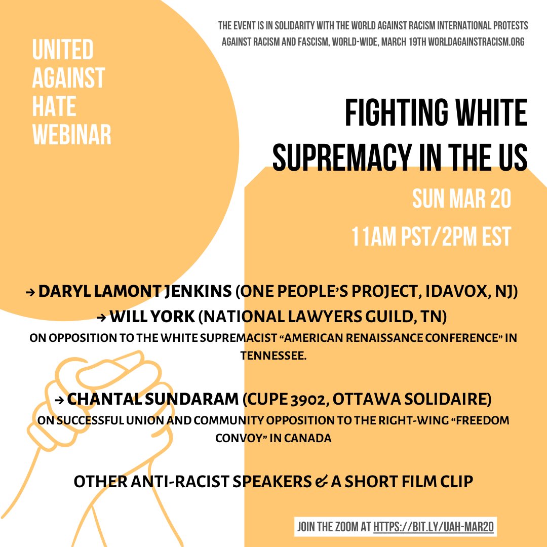 United Against Hate and Fascism is having a webminar -Sunday, March 20th, 11am PST/2pm EST. It will be discussing  “FIGHTING WHITE SUPREMACY IN THE US” with a focus on the AmRen race conference.