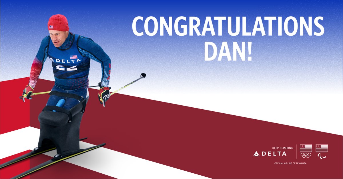 A photo of Dan Cnossen set against a blue background. Text says "Congratulations Dan" and includes the Delta and Olympics / Paralympics logo lockup.