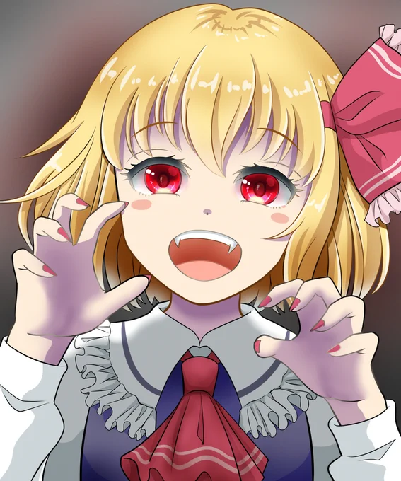 イラスト完成しました「春になったし、暖かくなったから喰べてもいいよね」理不尽な理由で召し上がろうとするルーミアちゃんです#東方Project #ルーミア 