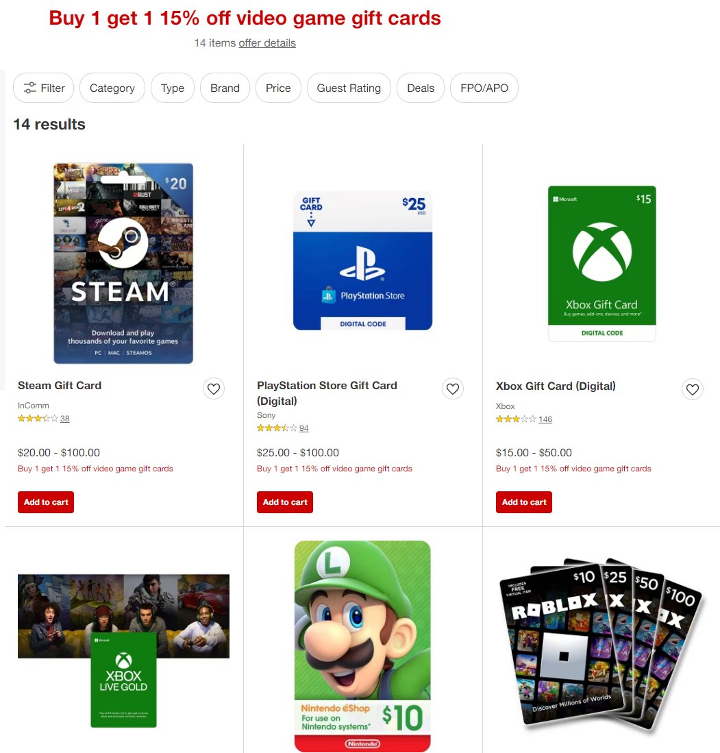 Wario64 on Twitter "Buy 1 get 1 15 off video game gift cards at