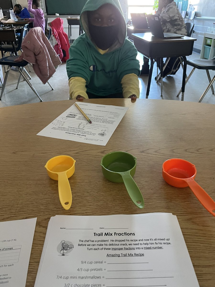 WozSquad's tweet photo. Making #fraction trail mix…. They #converted improper fractions to mixed numbers, found fraction equivalencies and added fractions to get their totals.  Also #shoutout to Mr. Y (in the last pic) not sure what I would do without him! @ChimborazoES https://t.co/bRIZpLeo0G