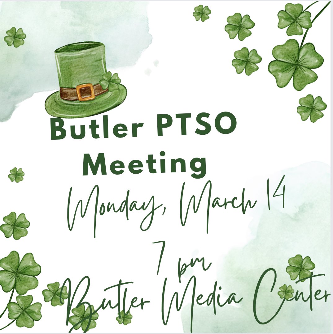 ButlerPTSO's tweet image. Long time no tweets. 😊 Join the #ButlerPTSO Monday, March 14 at 7 pm in the Butler Media Center for this month’s PTSO meeeting. #JoinButlerPTSO #SupportButlerPTSO #GiveBackToButlerPTSO #OfficiallySupprtButler