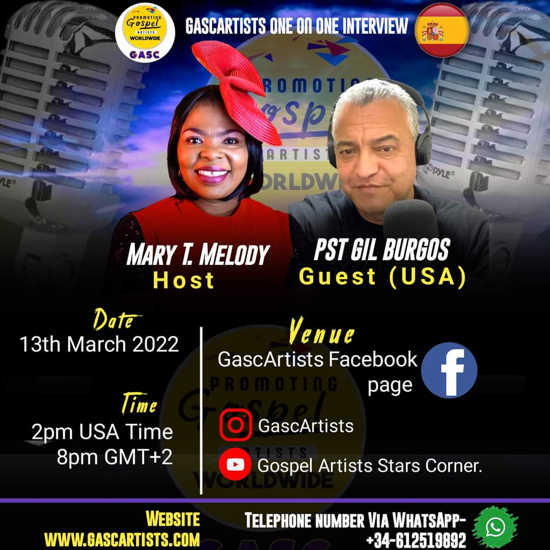 Gascartists's tweet photo. Blessings to you all. Join @marytmelody with PST Gil Burgos. 
For a live One on One interview on @Gascartists Facebook page.
Today 13th of March 2022.
Gil Burgos is the HOST for Prophetic Encounter ZenoFM radio USA. 

Join us by 8pm GMT+2 time.
2pm USA time.

Don't miss out. https://t.co/oU4eAbXWgh