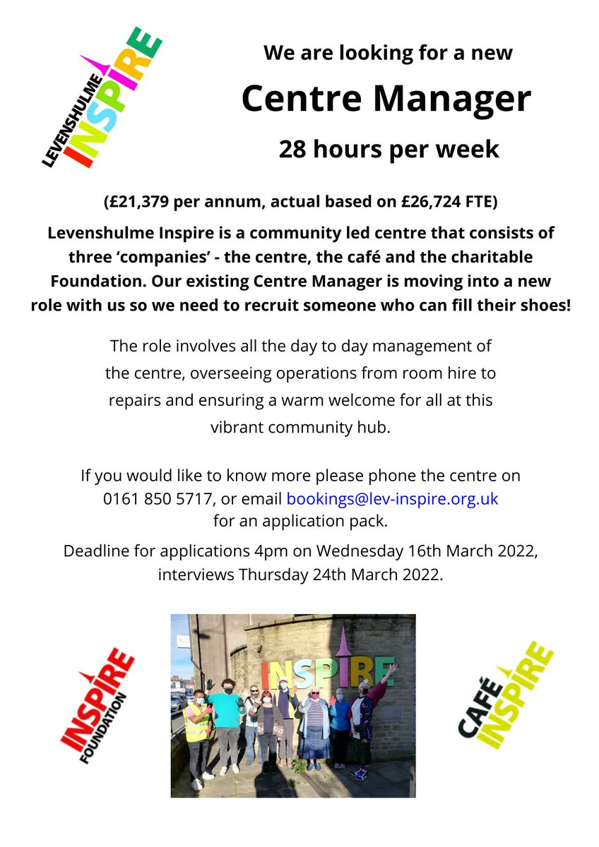 levinspire's tweet photo. We're hiring! Inspire is looking for a Centre Manager to oversee the running of our thriving community hub here in Levenshulme. Email bookings@lev-inspire.org.uk for more details and an application pack, but be quick because the deadline for applications is 16th March! https://t.co/NUyM3ayfNm