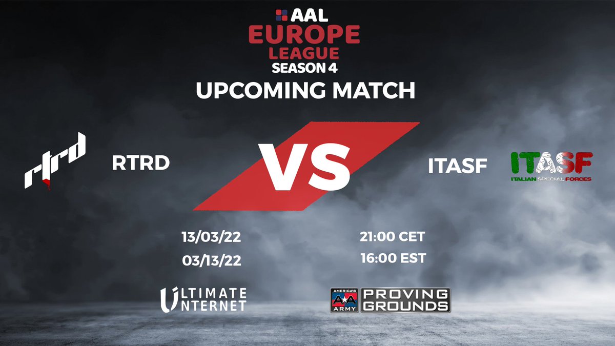 AALeaguegaming's tweet photo. AAL Europe League Season 4 2021-2022 @AmericasArmy 
The stream of today, Quarterfinals Playoffs:

   RTRD  vs   ITASF

⏰ 21:00 CET - 16:00 EST

📺   https://t.co/3Eu3XvLGKp

🎙️ Glory https://t.co/ZnwunK9l47 https://t.co/4QCxjs59Ef