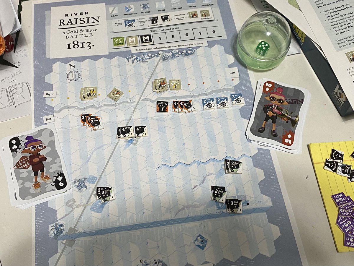 River Raisin. 1813년 프렌치타운 전투를 다룬 워게임. 남북전쟁과 그 이전 미국사는 조지 워싱턴이 개틀링 건으로 무장했다는 사실 밖에 모르기 때문에 워게임이 나와도 딱히 관심을 안두는데, 이 게임은 아트웍이 독특해서 구매했다. 
주사위와 트럼프를 따로 준비하래서 스플래툰 트럼프를 꺼냄. 