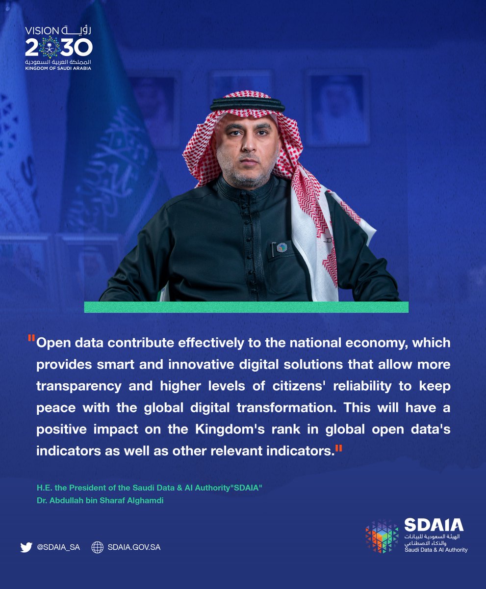 SDAIA_SA's tweet photo. "Open data effectively contributes to the national economy, as it provides smart and innovative digital solutions that allow more transparency and higher levels of citizens' reliability."
H.E. Dr. Abdullah bin Sharaf Alghamdi, the President of #SDAIA #National_Open_Data_Program https://t.co/Xvi87gy3r0