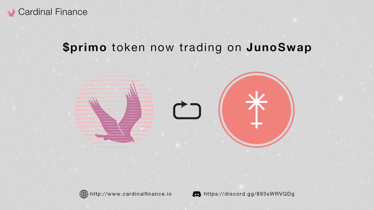 CardinalDeFi's tweet photo. $Primo is live on @junoswapdex 

https://t.co/hajs8KyWhW  #JUNO #ATOM https://t.co/n4rCTI0KKT