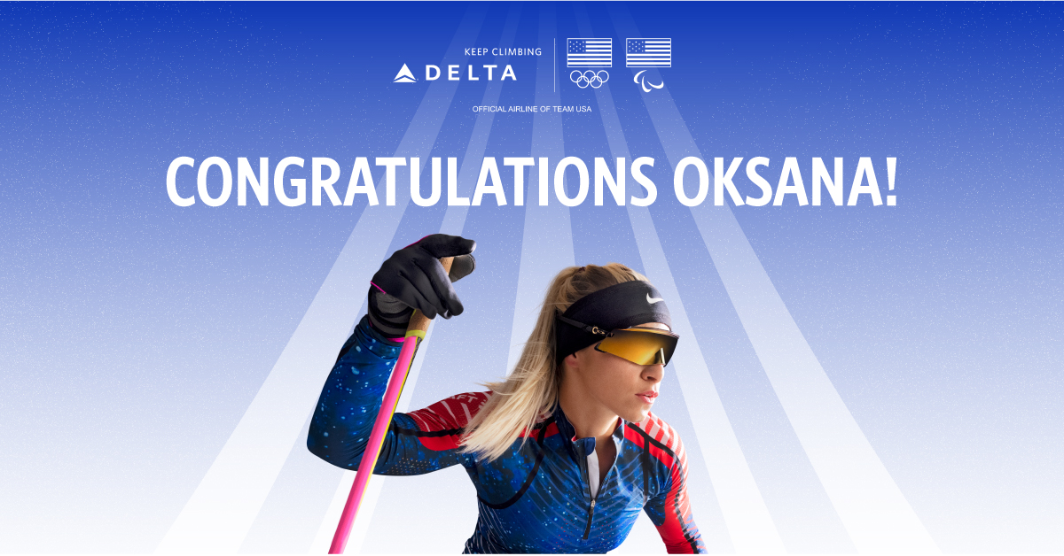 A photo of Oksana Masters set against a blue background. Text says "Congratulations Oksana" and includes the Delta and Olympics / Paralympics logo lockup.