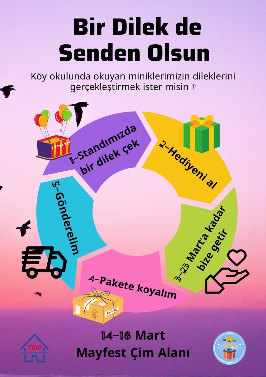 tdpyardim's tweet photo. As TDP Aid Campaigns, we want to fulfill the wishes of our children in village schools. You can come to our stand during 14-18 March and help these wishes come true. We will be waiting for everyone at the Mayfest grass field! 🎁

#iyikitdp #tdpyardımkampanyaları #bilkent https://t.co/45qMRXy9bO