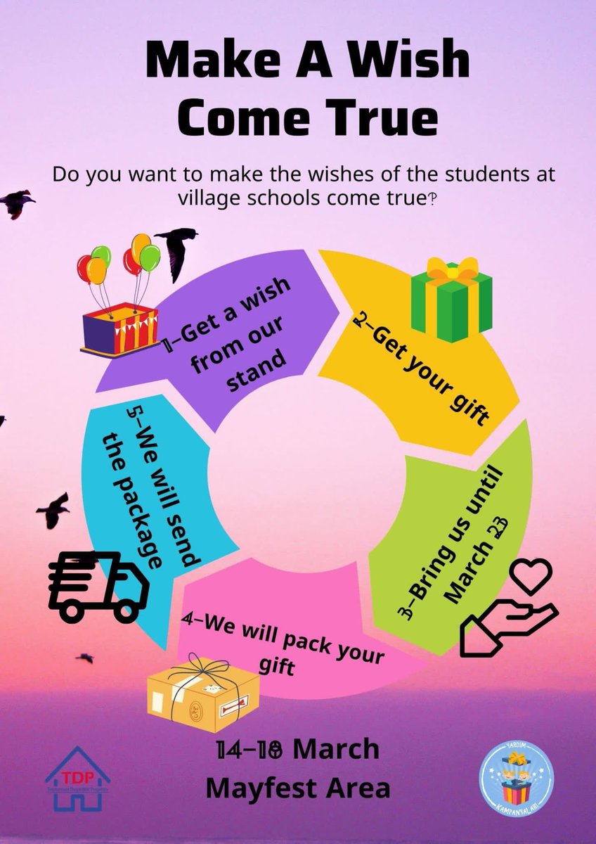 tdpyardim's tweet photo. As TDP Aid Campaigns, we want to fulfill the wishes of our children in village schools. You can come to our stand during 14-18 March and help these wishes come true. We will be waiting for everyone at the Mayfest grass field! 🎁

#iyikitdp #tdpyardımkampanyaları #bilkent https://t.co/45qMRXy9bO