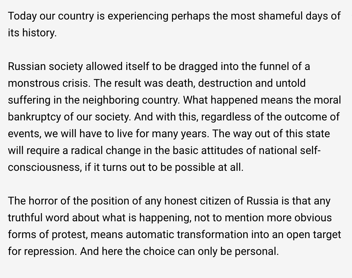 Principled statement by #Russia's Sakharov Center:

"Today our country is experiencing perhaps the most shameful days of its history... What happened means the moral bankruptcy of our society." sakharov-center.ru/article/zayavl…