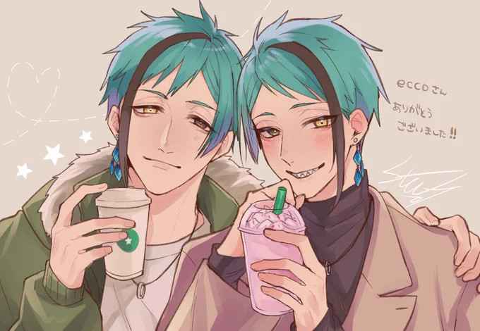 シロちゃんさん(@flshiroja)からとても素敵なフロジェイをいただいたので、ご本人に許可をいただいてツイートさせていただきます🙏ジェくんのすごく嬉しそうなお顔とフくんの穏やかな雄顔とそして肩にしっかり回された手がたまりません…😢本当にありがとうございました! 