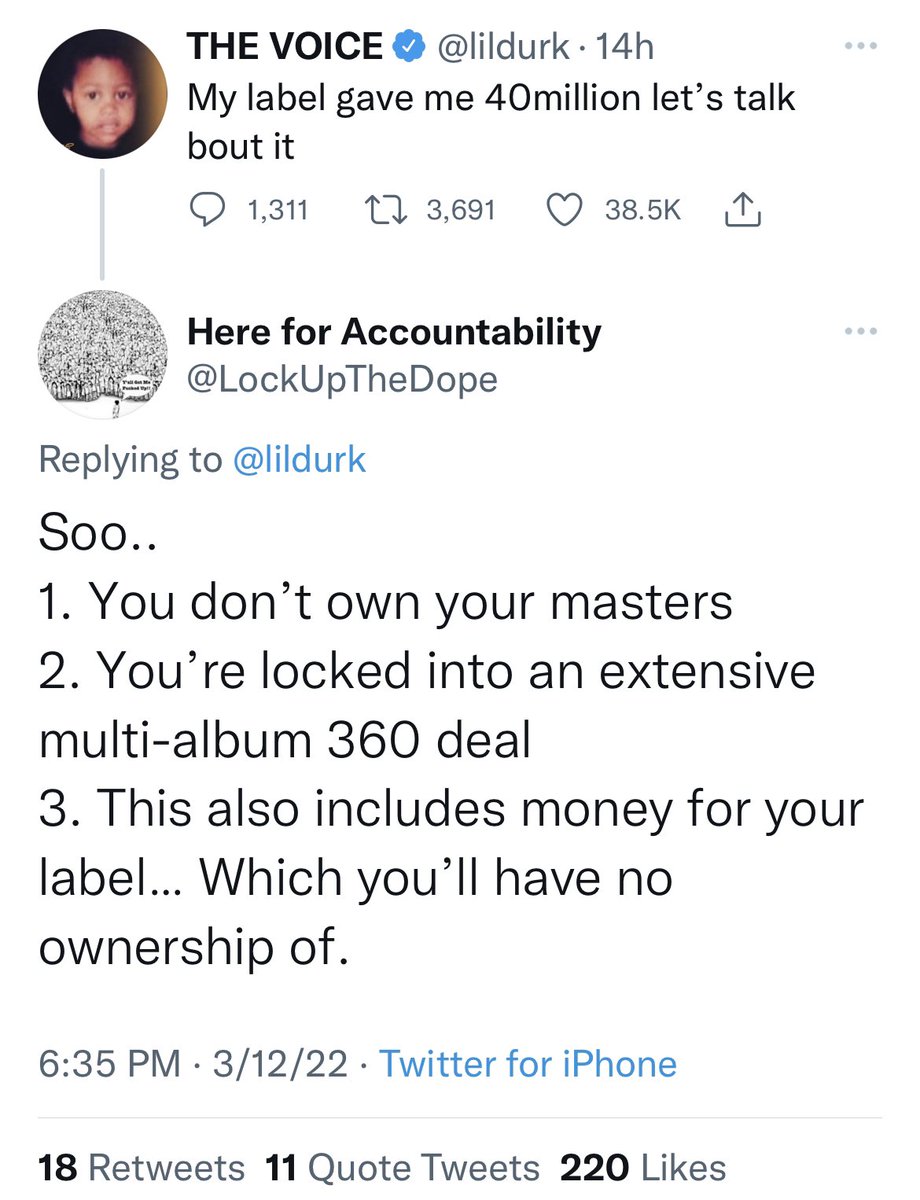 Yes, let’s talk about it, Durk lol

First, mazel tov on generational wealth.

For those assuming he signed an awful deal… Durk had LEVERAGE. He was about to exit his deal with a #1 album. This could be a LICENSING agreement with Sony, which is the ideal structure (see thread).