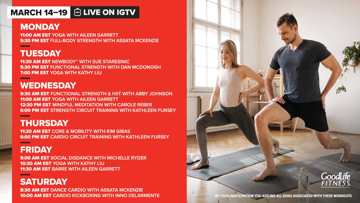 GoodLifeFitness's tweet photo. If you're not able to go to the gym, our Instagram Live classes have you covered! With a variety of virtual classes, from cardio to strength and cycling to yoga – there’s something for everyone! #GoodLifeAtHome https://t.co/KxlsOMEIgs