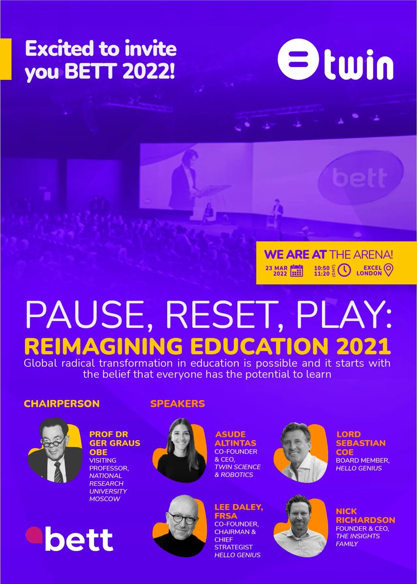 twin_science's tweet photo. Come and meet us at BETT 2022 on March 23!
Our CEO &amp; co-founder Asude Altintas will be joined by influential leaders to reimagine education in a panel moderated by Prof Dr. Ger Graus OBE. 
https://t.co/nbSjdnDVWP
#bett #twinscience @asudealtintas @GrausGer https://t.co/7rzS2W8DDW