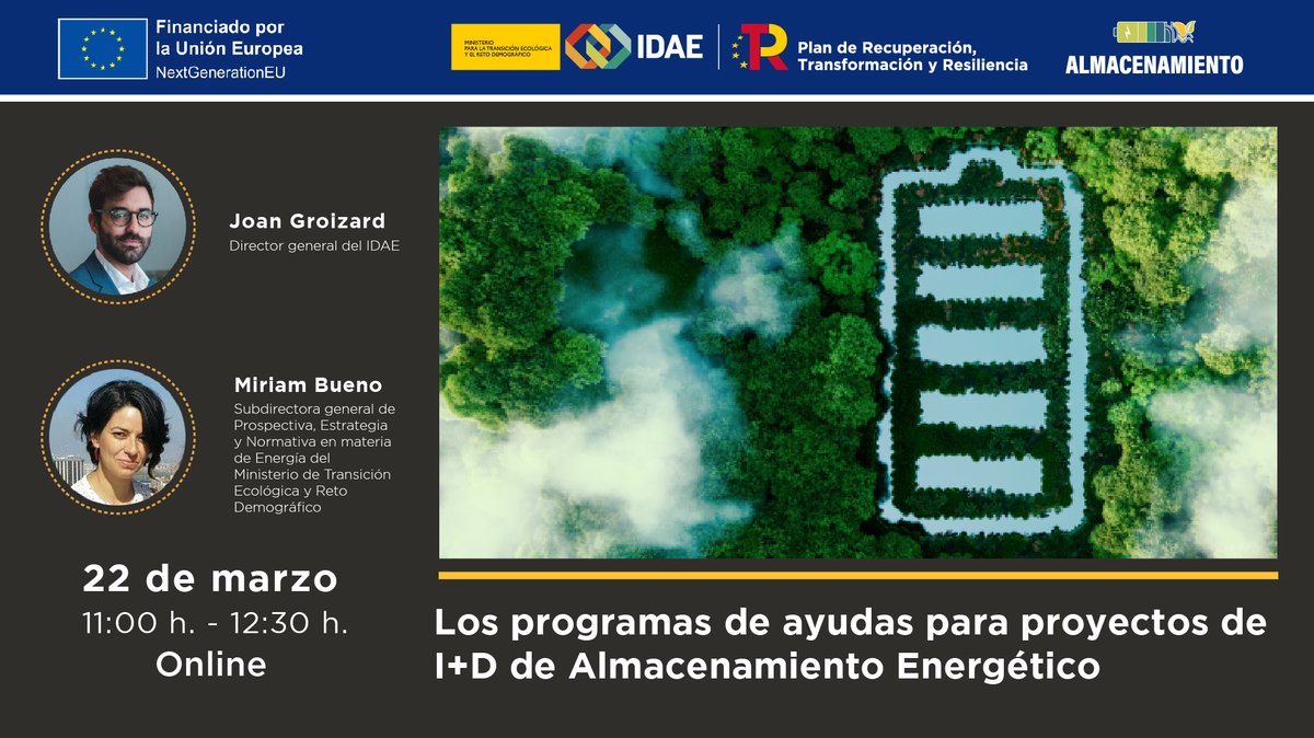 #WebinarsIDAE I ¿Estás interesado en las ayudas a proyectos innovadores en #AlmacenamientoEnergético?

Apúntate a nuestro 💻 y resuelve tus dudas sobre esta convocatoria del #PERTE_ERHA abierta hasta el 10 de mayo.

🗓️ 22 de marzo
⏰ 11 h.

Registro 👉 ow.ly/yMq550IgYOG