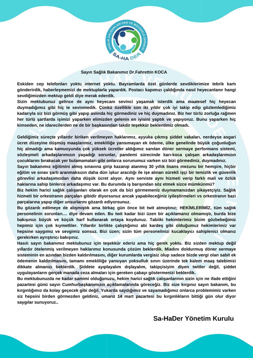 Mektubunuzu aldık sayın <a href="/drfahrettinkoca/">Dr. Fahrettin Koca</a>. Umuyoruz ki siz de Sağlık Emekçileri adına bizim kaleme aldığımız mektubumuzu almışsınızdır. Biz sizden mektup değil, yıllardır ötelenen haklarımızı istiyoruz. 
#SağlıkçıdanMektupVar