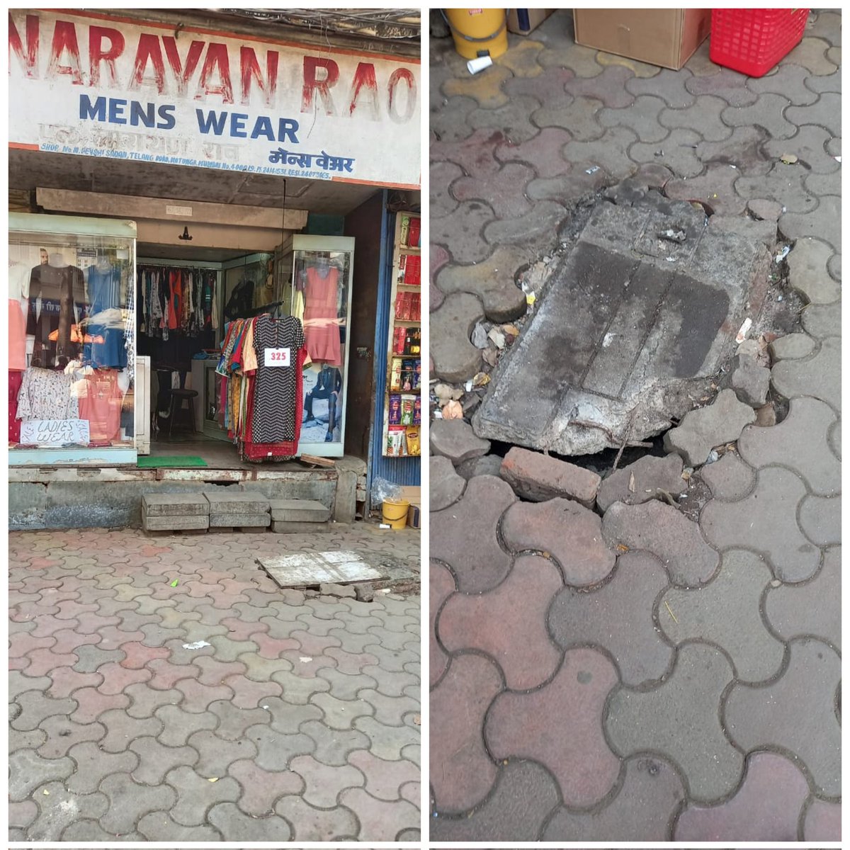jesalkotharibjp's tweet photo. The photograph depicts a pathway near Shop No.10,Devji Sadan, Telang Rd, Matunga .It has been in the same condition as shown in the photo from several days.Please do the repairs ASAP,as it is extremely difficult for local residents,senior citizens &amp; young children,to utilise it. https://t.co/9pOs6oS5It