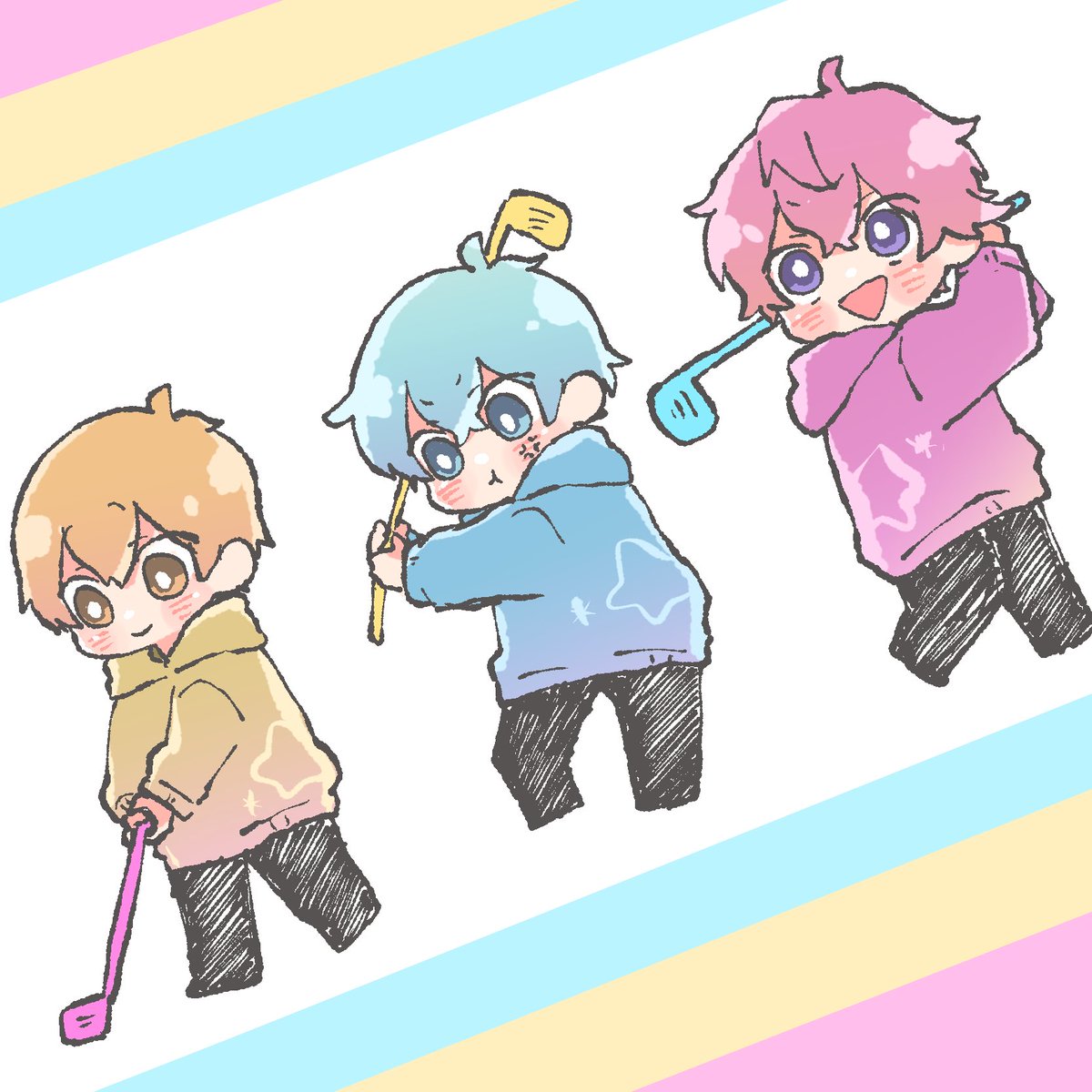 multiple boys 3boys hoodie male focus pink hair hood blue hair  illustration images