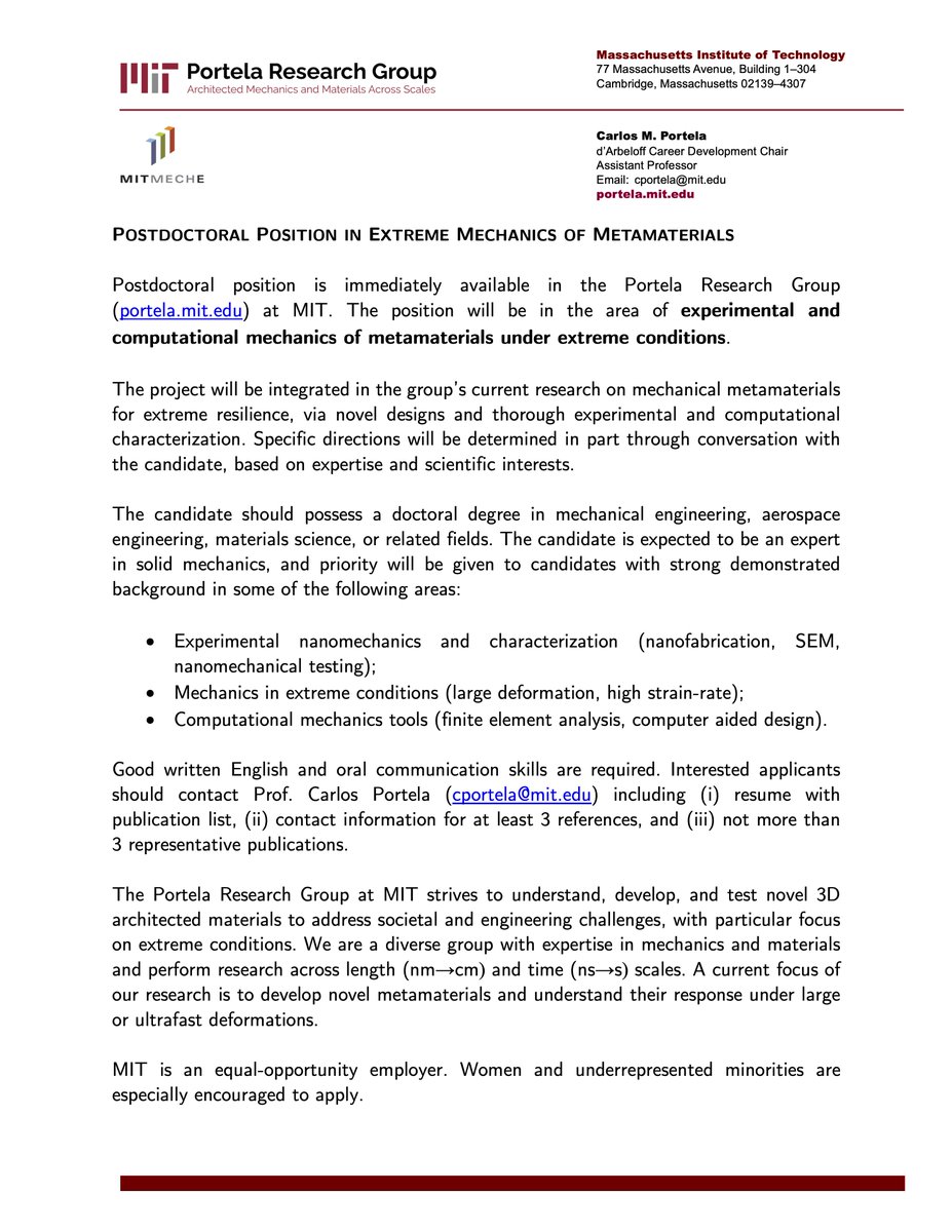 Our group has an opening for a postdoctoral position available immediately, working on the extreme mechanics of metamaterials (experimental and computational perspectives). Please see post for more info, and please share &amp; RT!