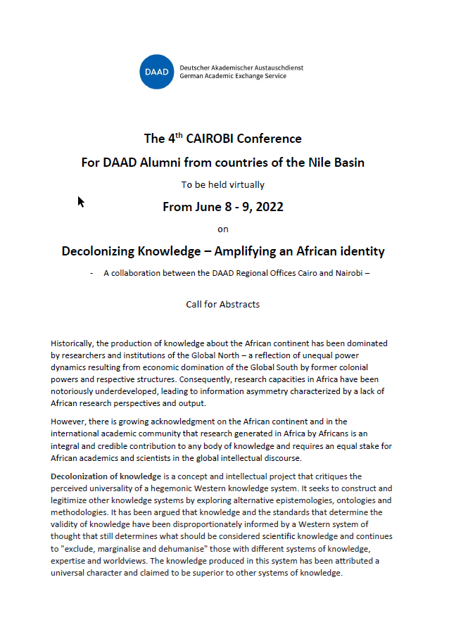 GERinSSD's tweet photo. Research generated in Africa by Africans is integral to #DecolonizeKnowledge. For the 4th #CAIROBI conference, @DAAD_Germany is calling for abstracts on research that interrogates social, economic, natural and cultural realities. Learn more on https://t.co/dFzAyk8Obd
#SSOT https://t.co/Z2CC5CmPCZ