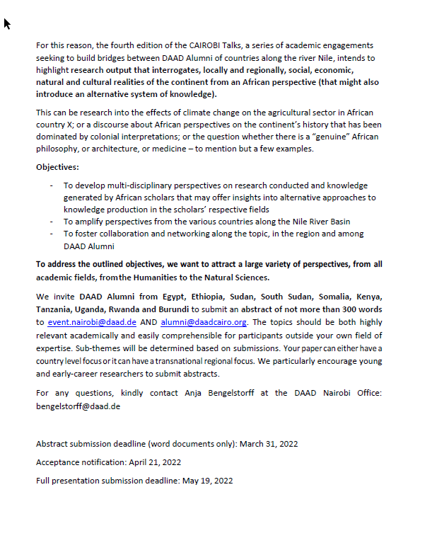 GERinSSD's tweet photo. Research generated in Africa by Africans is integral to #DecolonizeKnowledge. For the 4th #CAIROBI conference, @DAAD_Germany is calling for abstracts on research that interrogates social, economic, natural and cultural realities. Learn more on https://t.co/dFzAyk8Obd
#SSOT https://t.co/Z2CC5CmPCZ