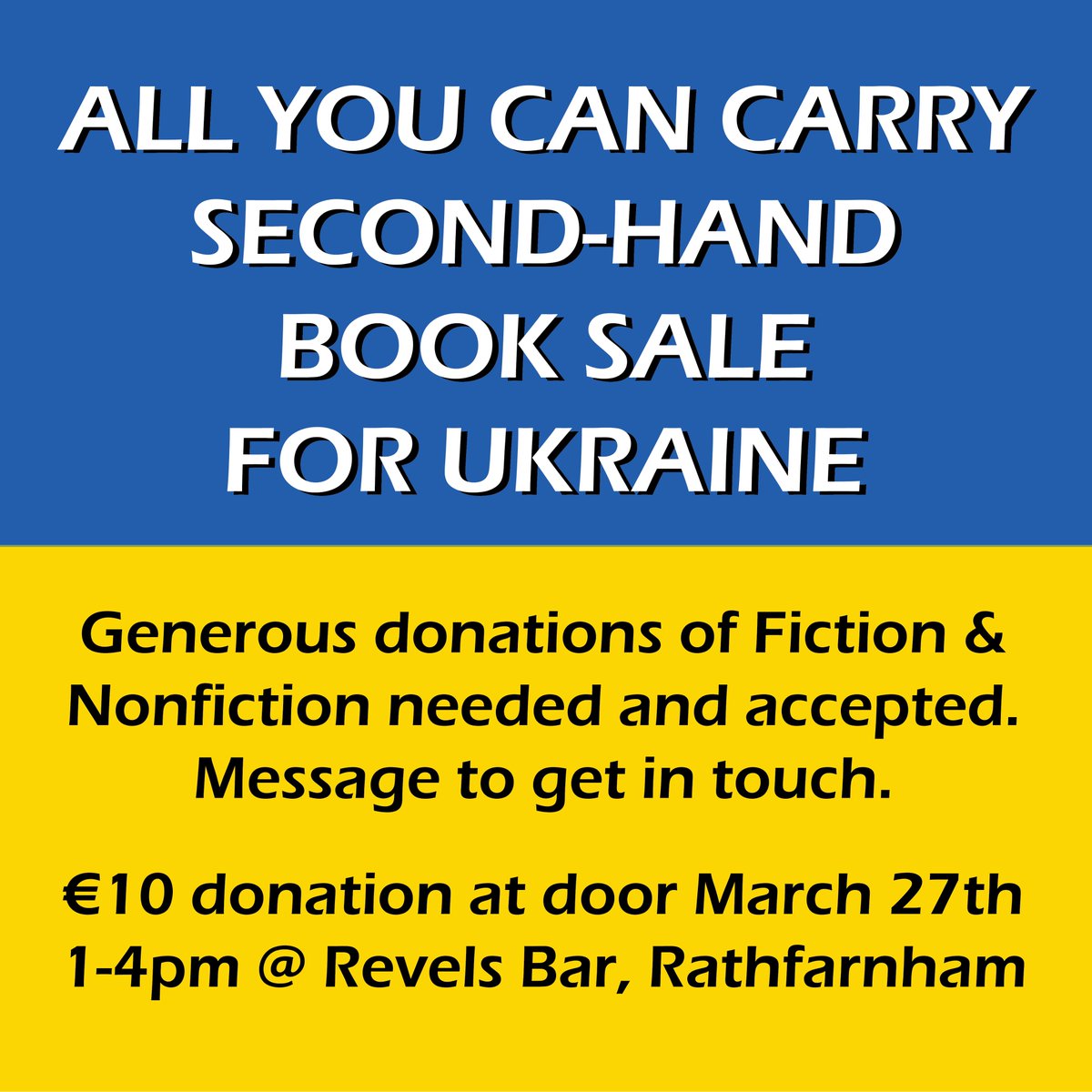 thelizmaguire's tweet photo. Clear out your shelves then come fill them again March 27th, 1-4pm at Revels in Rathfarnham. "All You Can Carry Second-Hand Book Sale for Ukraine" benefiting the @irishredcross. Accepting donations now. Message for details. 

Donate directly, here: 
https://t.co/pBsb44SR7K https://t.co/STuCXBJR0o
