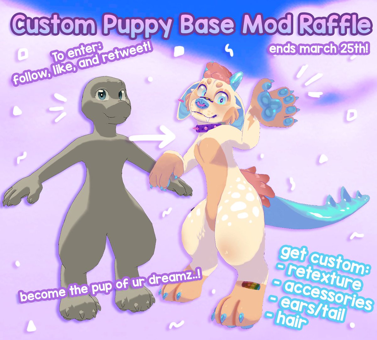 skip4D's tweet photo. ✨ 🐶 Custom Avatar Mod Raffle 🐶 ✨
To celebrate the launch of my new Puppy Base and for reaching 13k I'm raffling a custom 🐶 mod to one lucky person! 

🦴 Avatar is for VRC + VTubing!
🦴 To enter: follow me, like + RT this post!
🦴 Winner picked on 3/25

Good luck!  🐶 🐾 https://t.co/u2vnX3ztpd