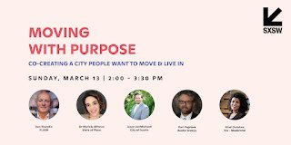 Interested in what will make future cities even better for us humans?  Moving with Purpose: Co-Creating a City
People Want to Live In. Sunday, March 13
- 2:00 - 3.30 PM CDT
IBE House | Wax Myrtle's Club
<a href="/austinmobility/">ATX Transportation and Public Works</a> <a href="/Mat_Yarger/">Mat Yarger (♻️, ♻️)</a> 
<a href="/ChelseaMcC/">ChelseaCollier</a> #smartcities