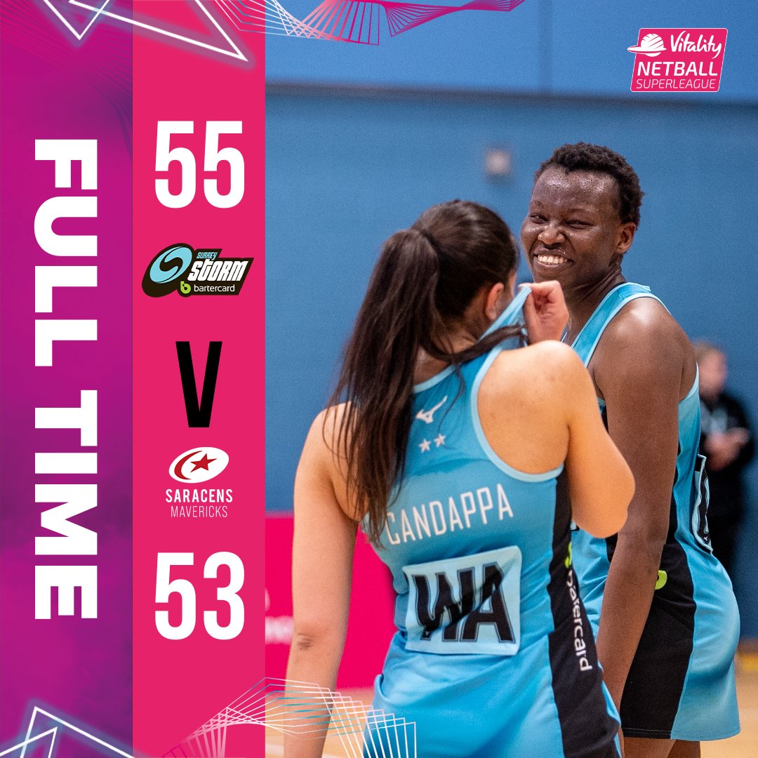 NetballSL's tweet image. Making home advantage count 🧮

Local rivals @SurreyStorm and @SaracensMavs put on an almighty show at @Surreysportpark 👏

Hosts Storm managed to 𝙟𝙪𝙨𝙩 edge out Mavericks 🤏