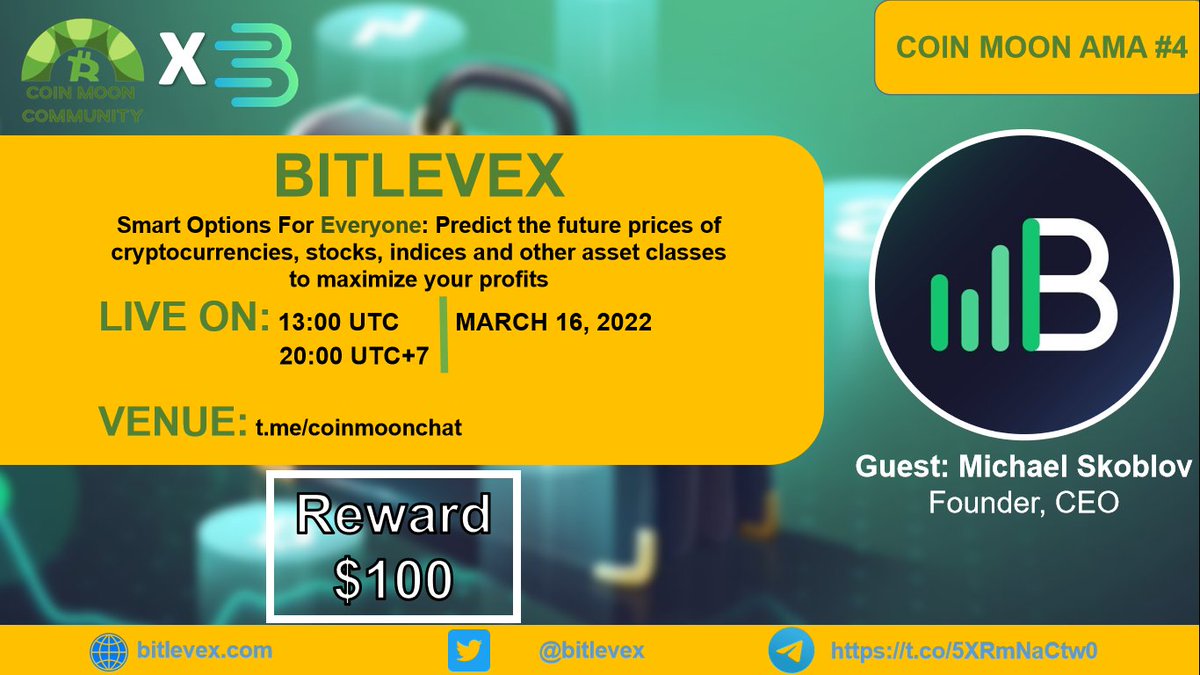 abventures11's tweet photo. AMA #04: Coin Moon Community x Bitlevex
💰Prize: $100
📅Date: March 16, 2022
⏲️Time: 13:00 UTC | 20:00 UTC+7
RULES:
1)Join: https://t.co/FZMazmn80p
2)Follow @coinmoonAMA and @bitlevex 
3)Like, Retweet &amp; Tag 3 friends
4) Ask Max 5 Question https://t.co/XL6oARjP5G