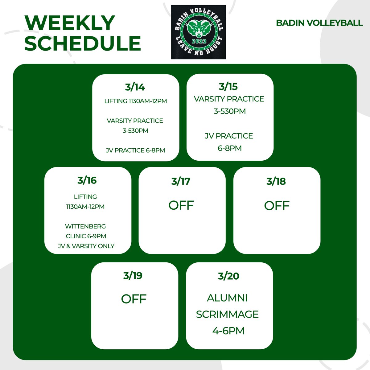 BadinMensVB's tweet image. Week 2️⃣! Let’s go! 🔥🏐🟢#springbreakgrind #LeaveNoDoubt