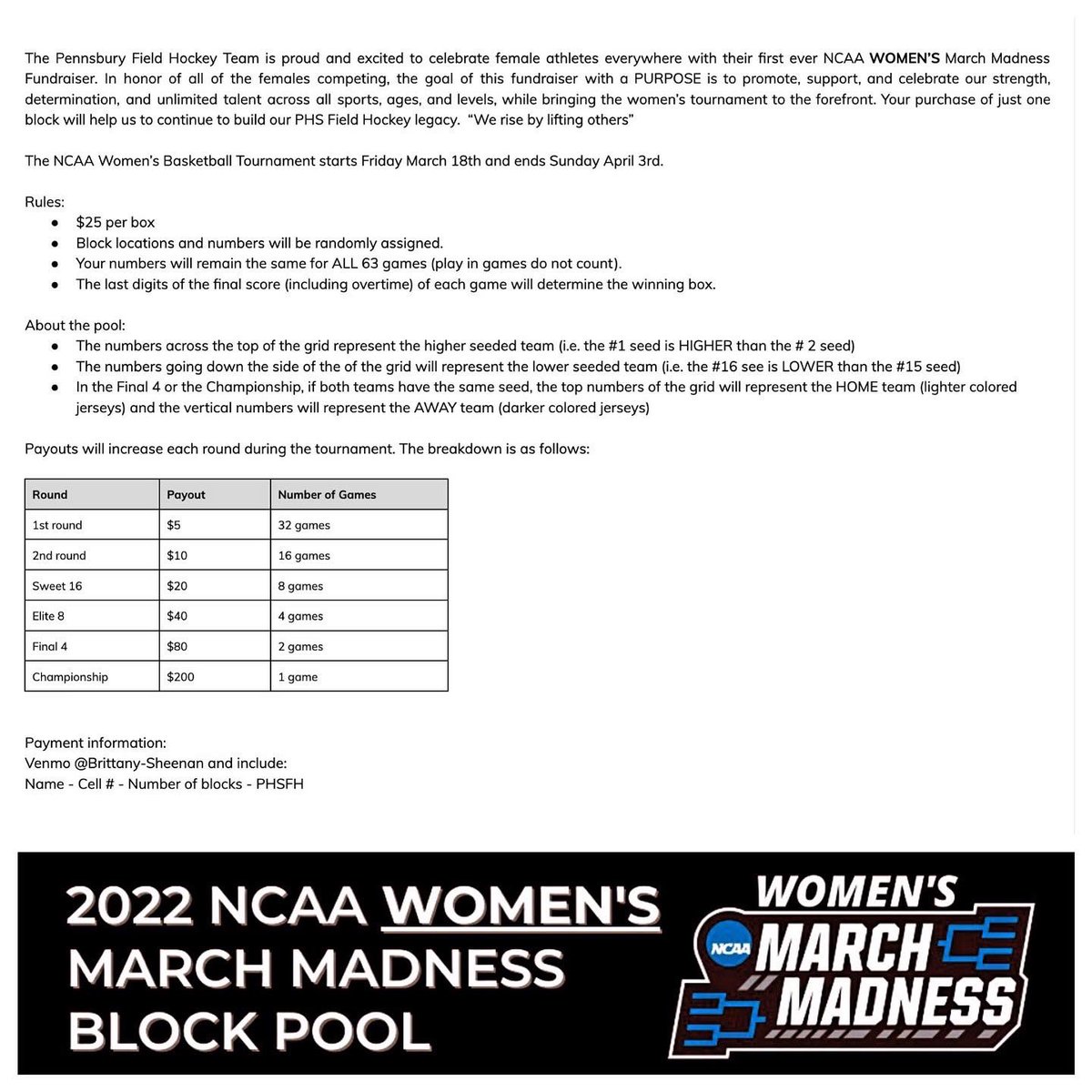 PennsburyFH's tweet photo. Women’s NCAA Selection show tonight!! Check out the bracket and then buy a block in our fundraiser supporting and promoting female athletes everywhere!!! #PHSFH https://t.co/Hd8T6gztAZ