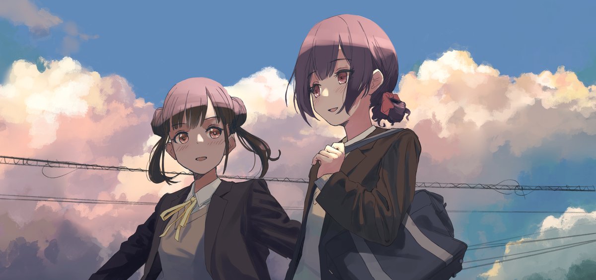 morino rinze ,sonoda chiyoko multiple girls 2girls hair bun outdoors school uniform sky cloud  illustration images
