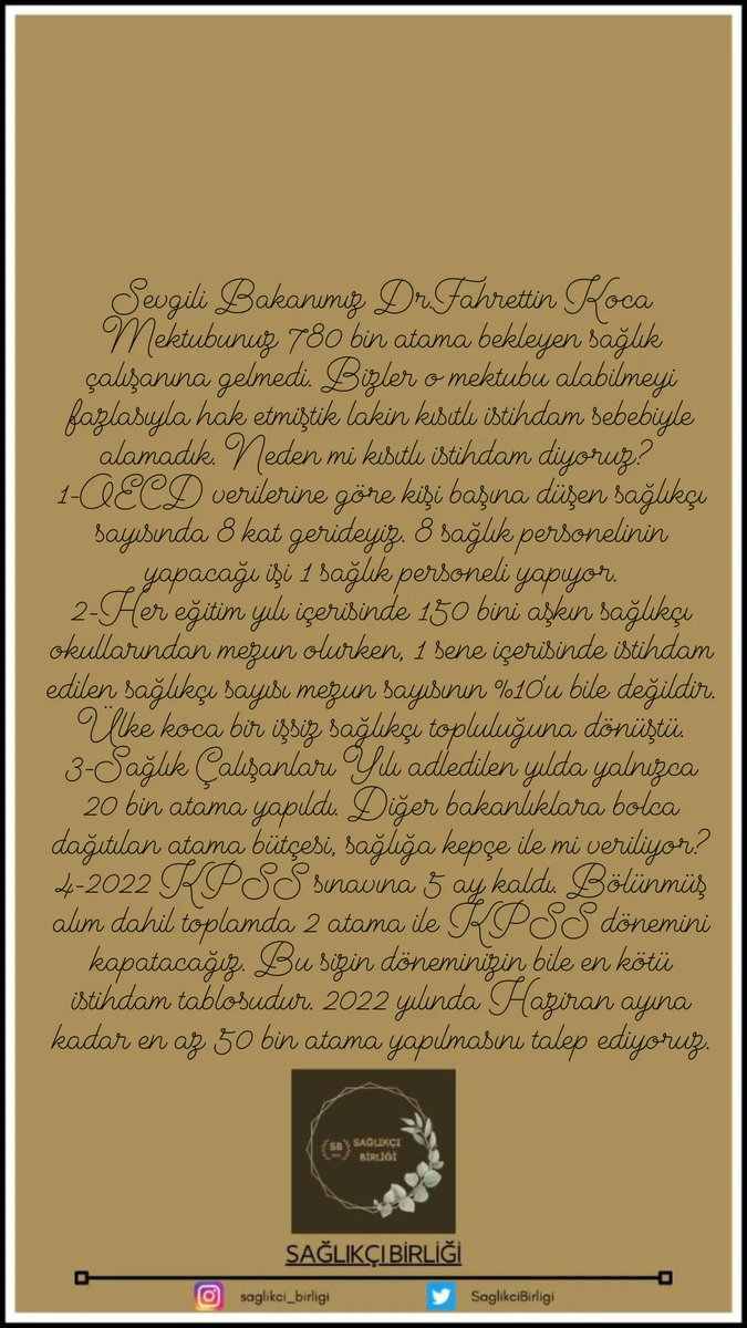 Benim Sayın Bakanımız <a href="/drfahrettinkoca/">Dr. Fahrettin Koca</a> ya mektubum budur.
#SağlıkçıdanMektupVar